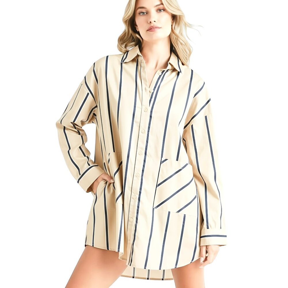 NWT OVERSIZED PINSTRIPE SHIRT DRESS | REVOLVE LOVERS FRIENDS JOAH BROWN - Picture 5 of 6